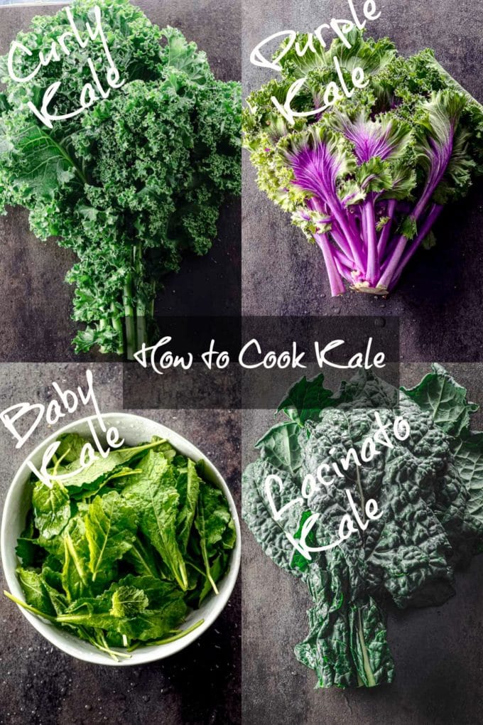 A picture collage of 4 different types of kale