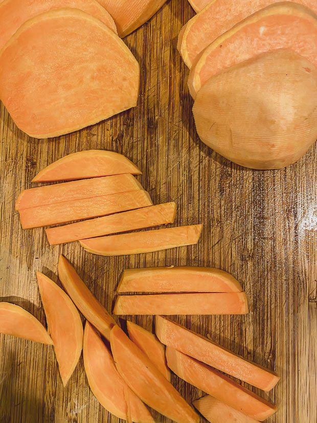 Cutting sweet potatoes for sweet potato fries