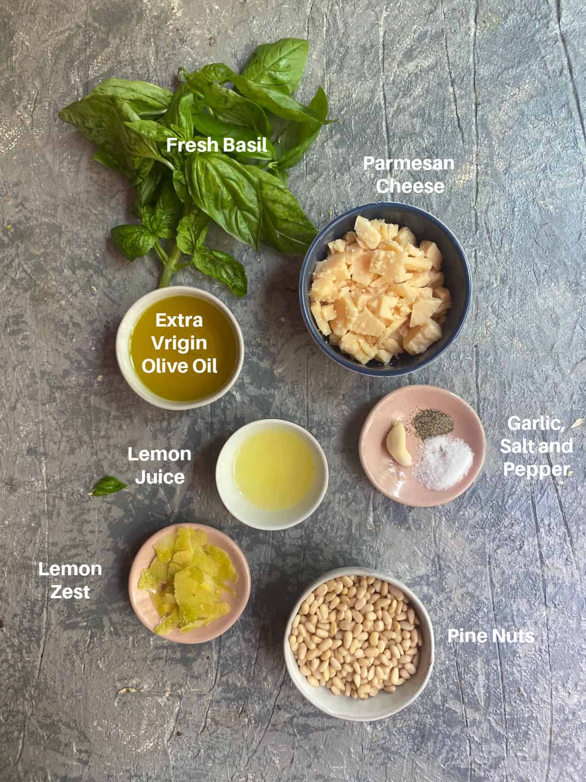Ingredients to make pesto labeled
