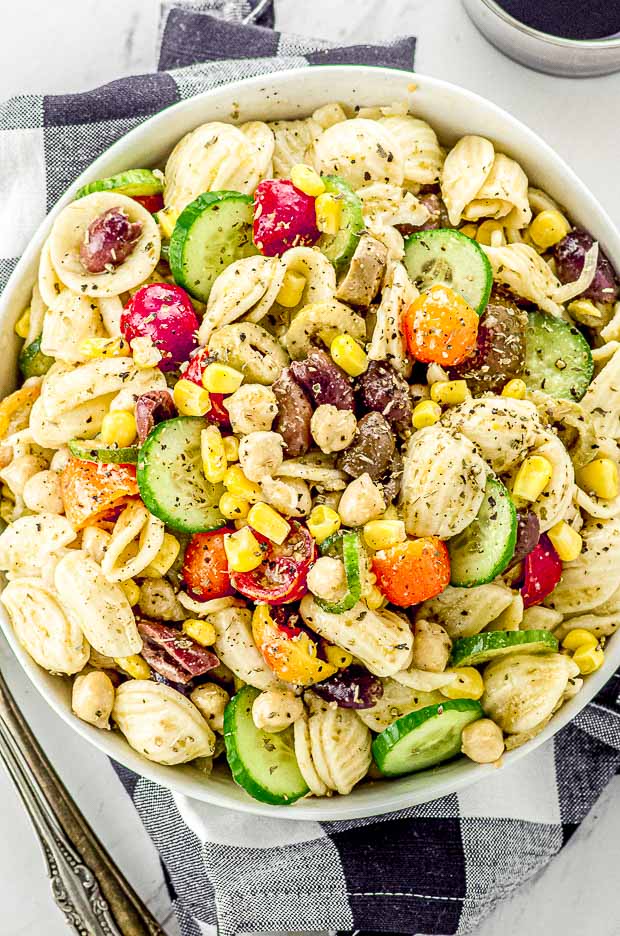 Bird's eye close up view of a bowl of pasta salad