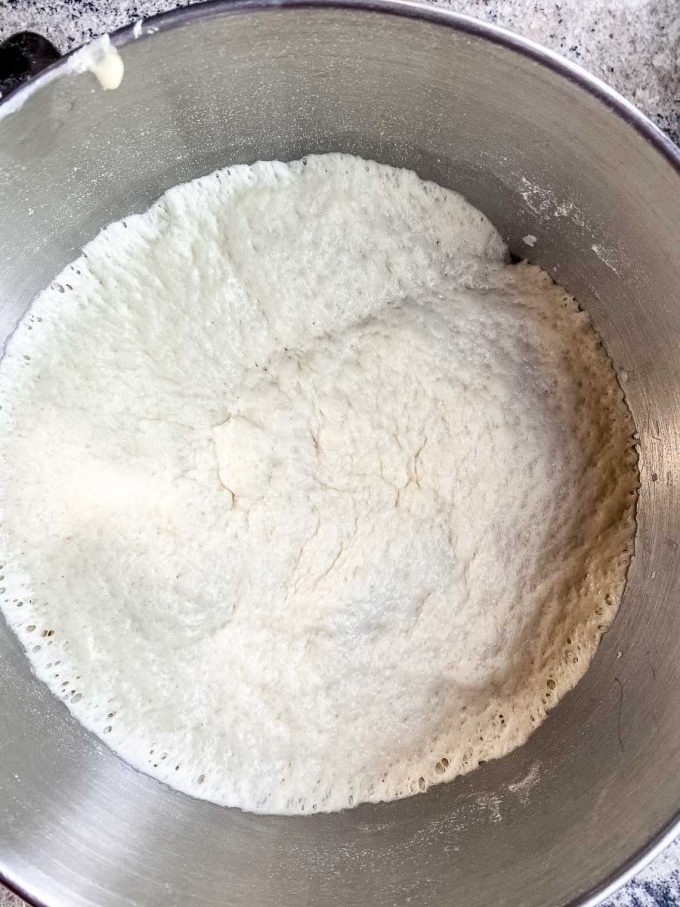 Focaccia dough after the first rising in the stand up mixer bowl