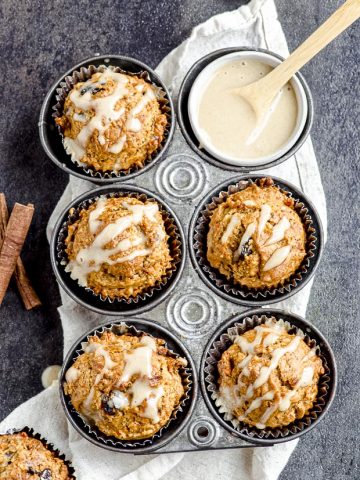 Overhead view of a 6-hole muffin tin with morning glory muffins