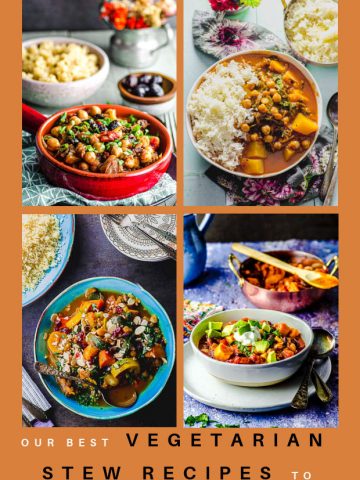 A collage of vegetarian stew images on a light brown background