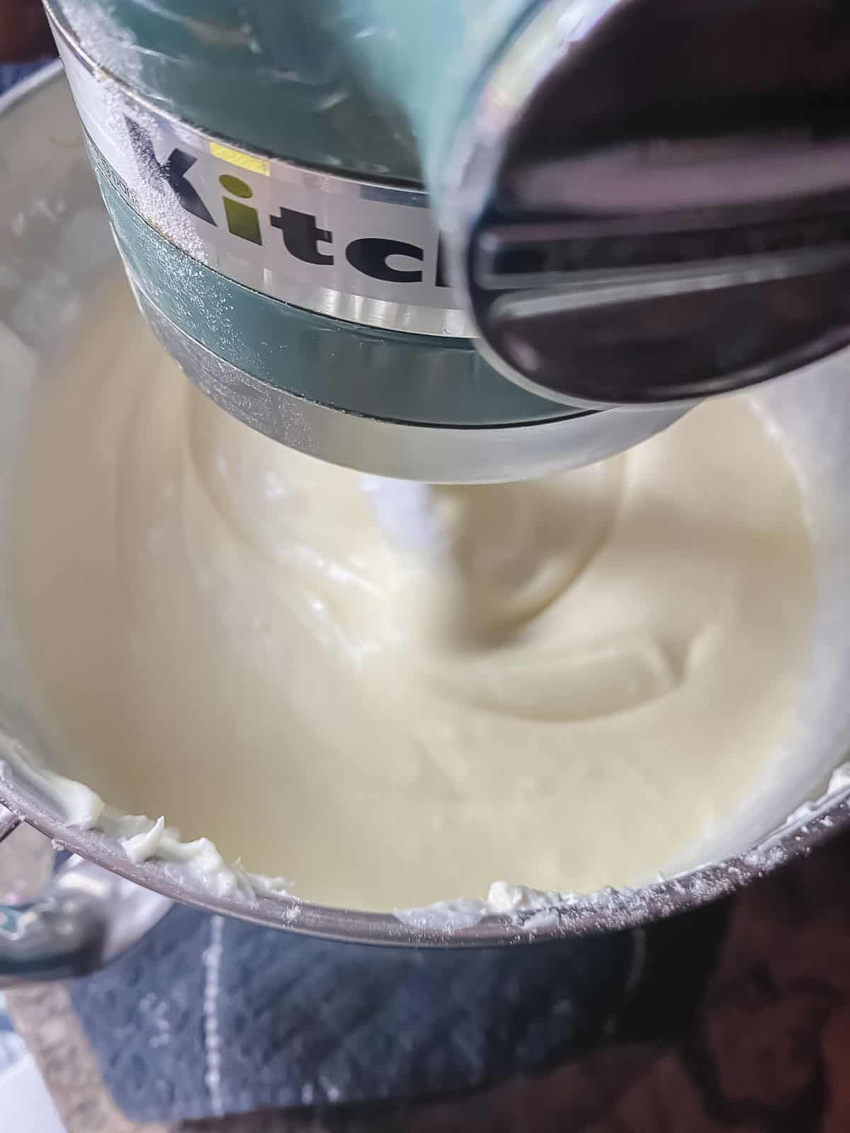 Mixing the Basque cheesecake batter in a stand up mixer