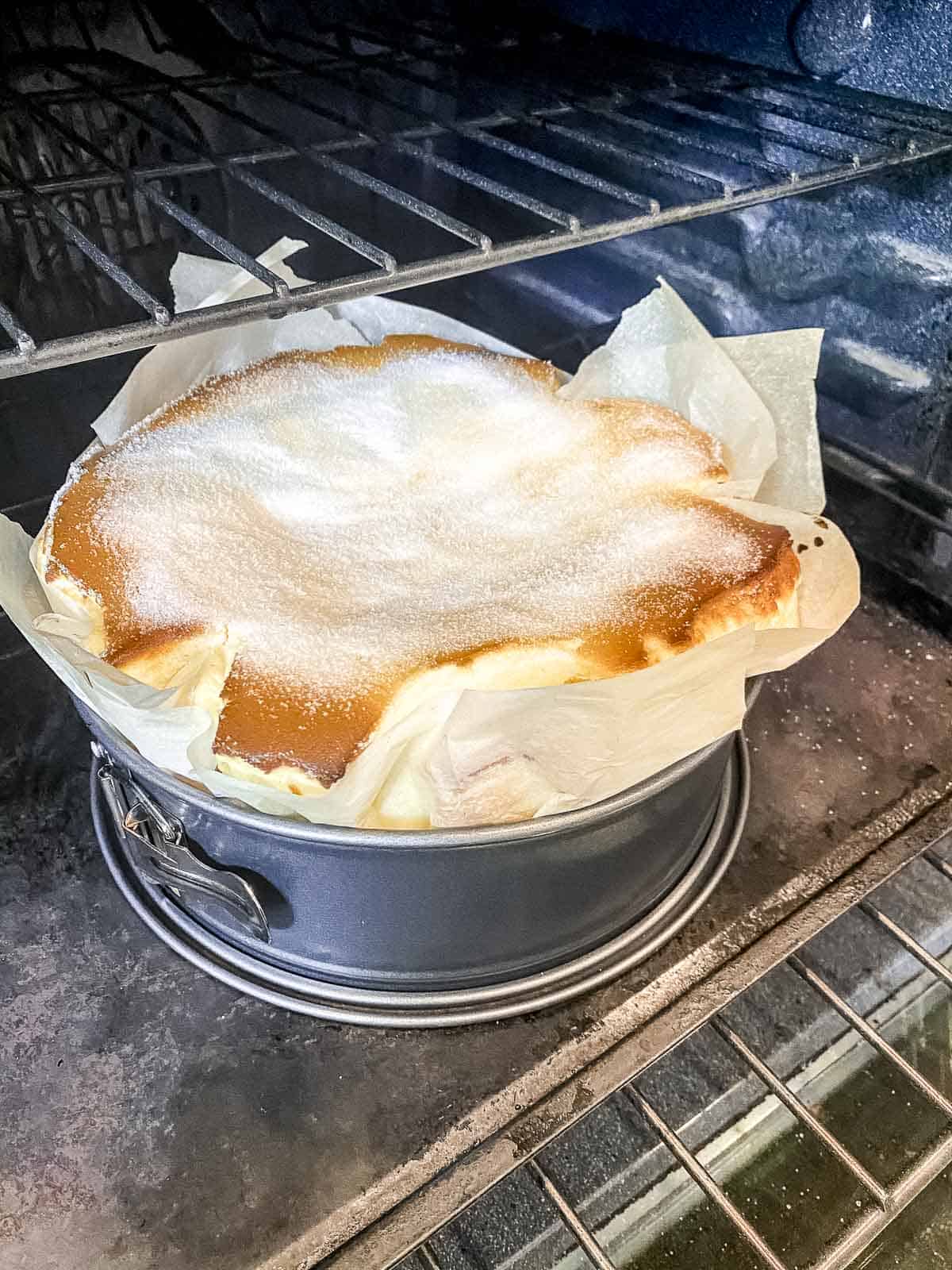 Risen Cooked Basque Cheesecake in the oven