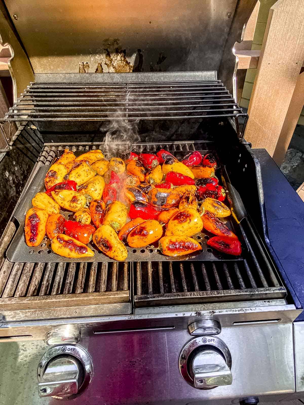 Grilled small peppers on BBQ