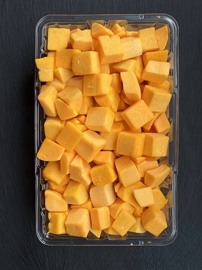 A package of store bought cubed butternut squash