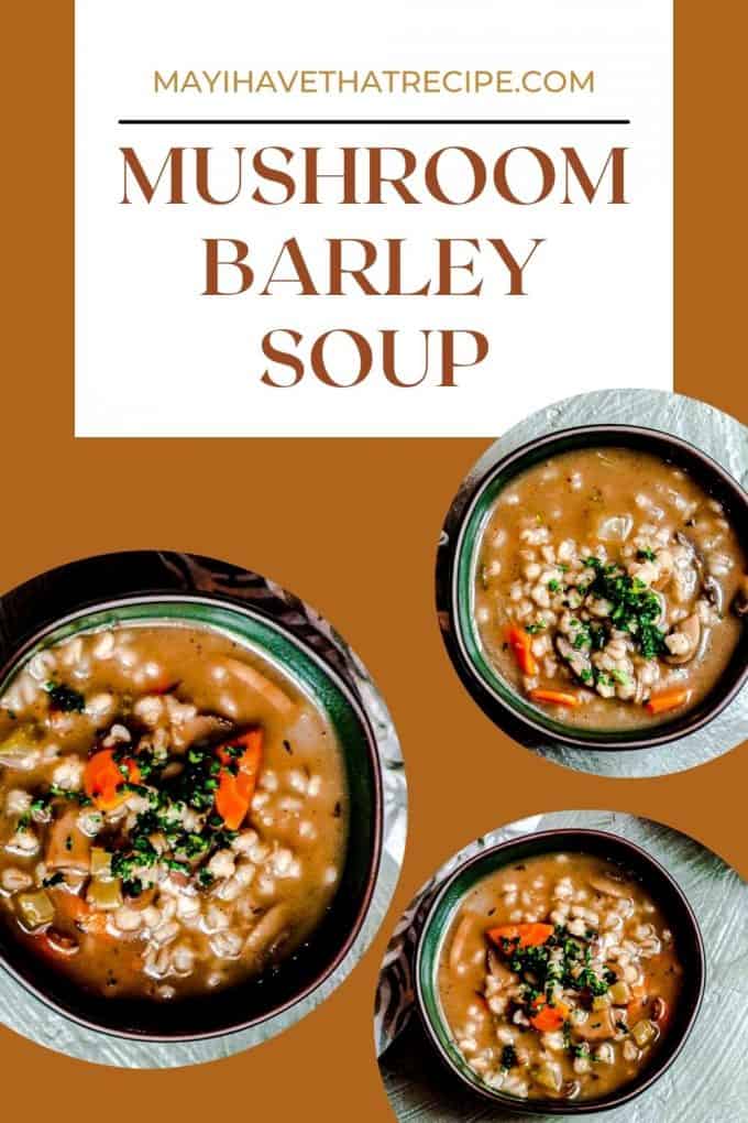 A closer overhead view of three bowls of mushroom barley soup