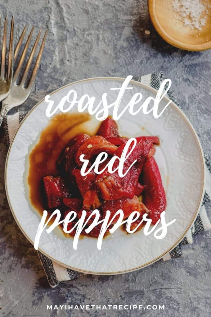 An overhead plate of roasted red peppers