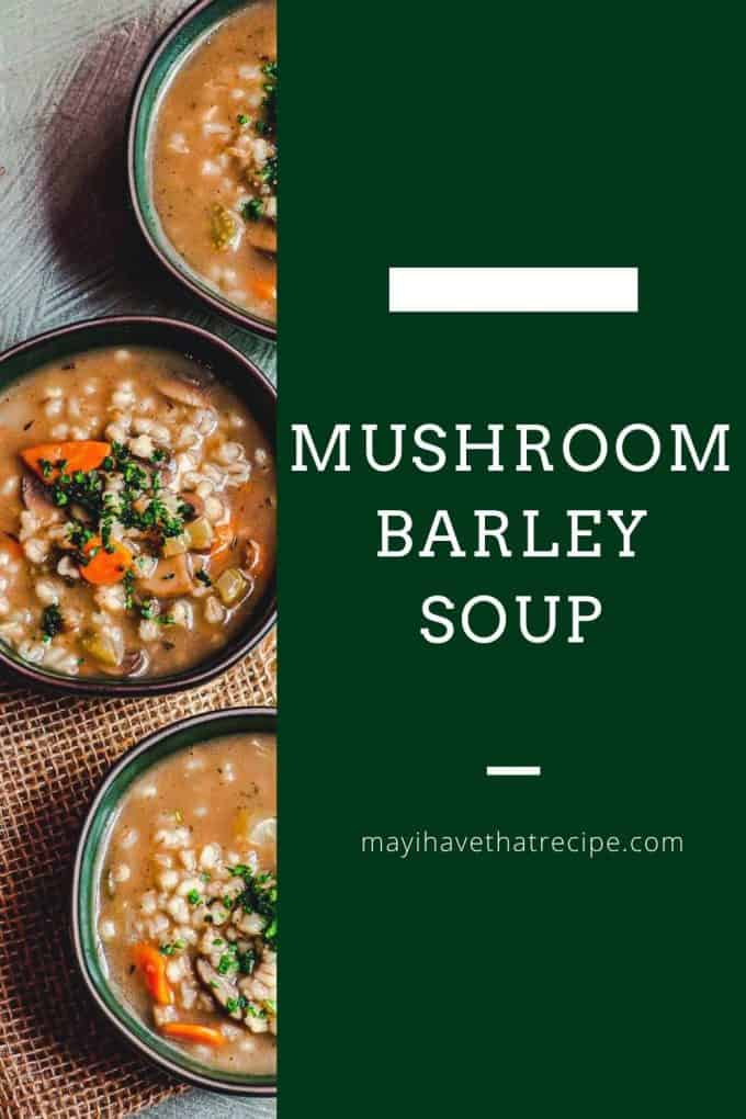 A closer overhead view of three bowls of mushroom barley soup
