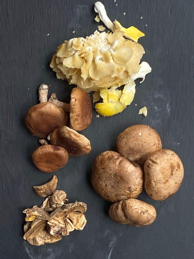 An overhead view of four different types of mushrooms