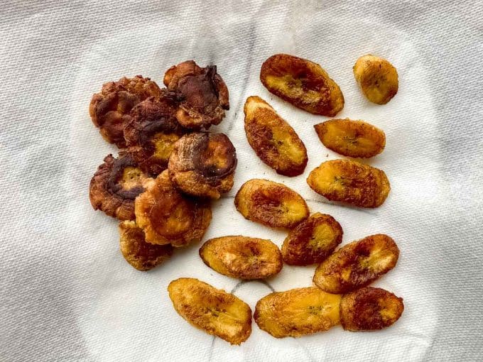 An overhead view of cooked friend plantains