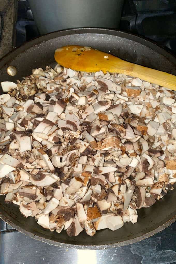 An overhead view of mushrooms with onions and garlic