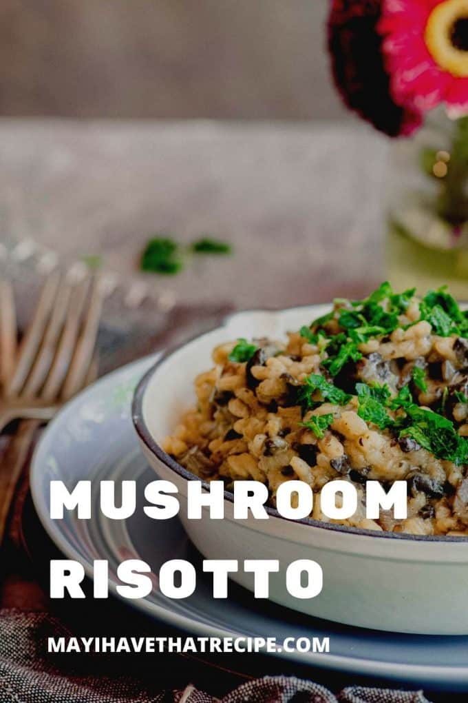 An angled view of mushroom risotto soup in a bowl