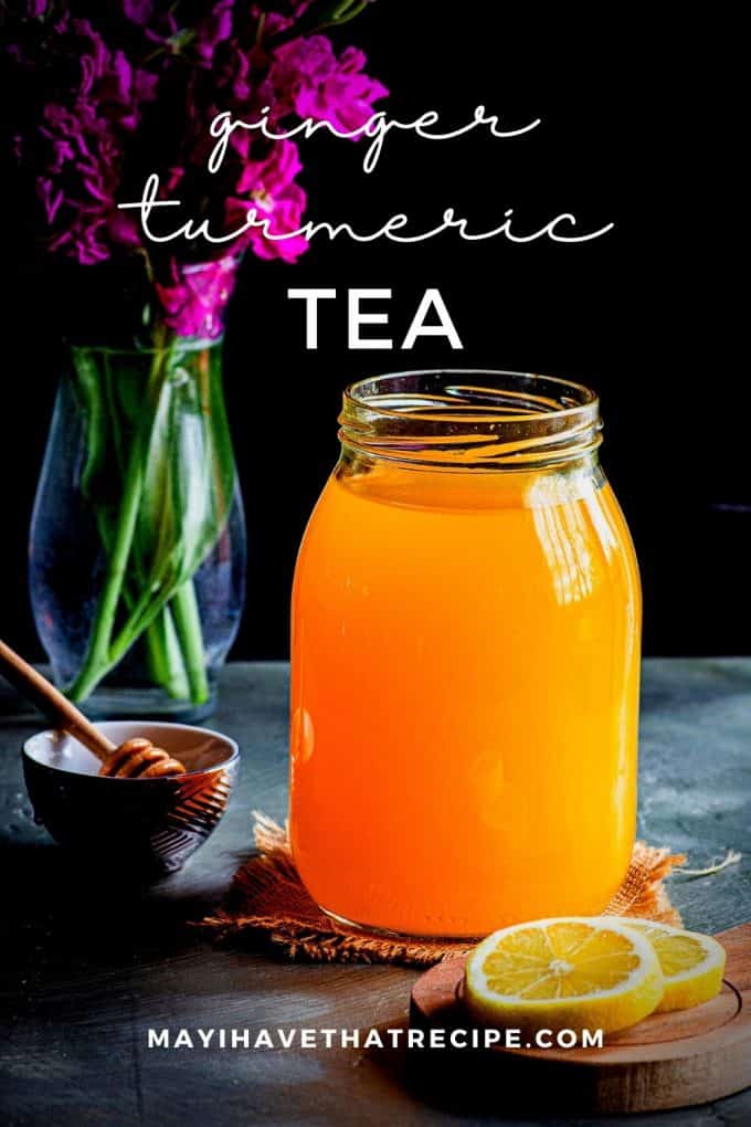 A jar filled with ginger turmeric tea
