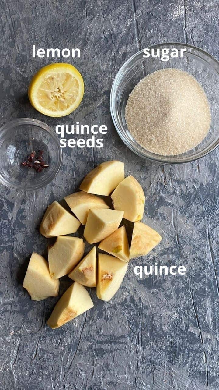 Quince paste ingredients list; lemon, sugar, quince seeds, quince