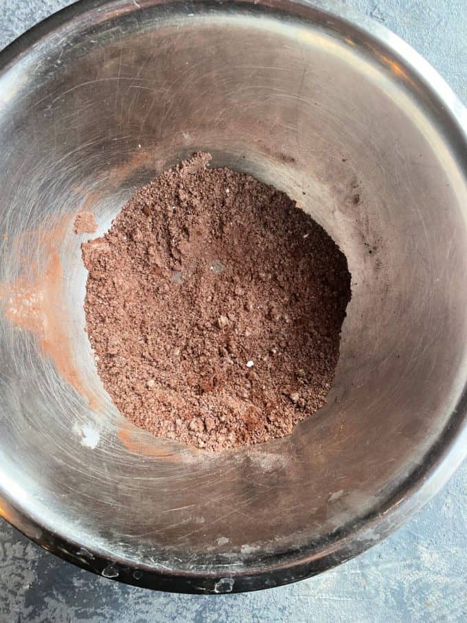 Chocolate cookies dry ingredients in a bowl