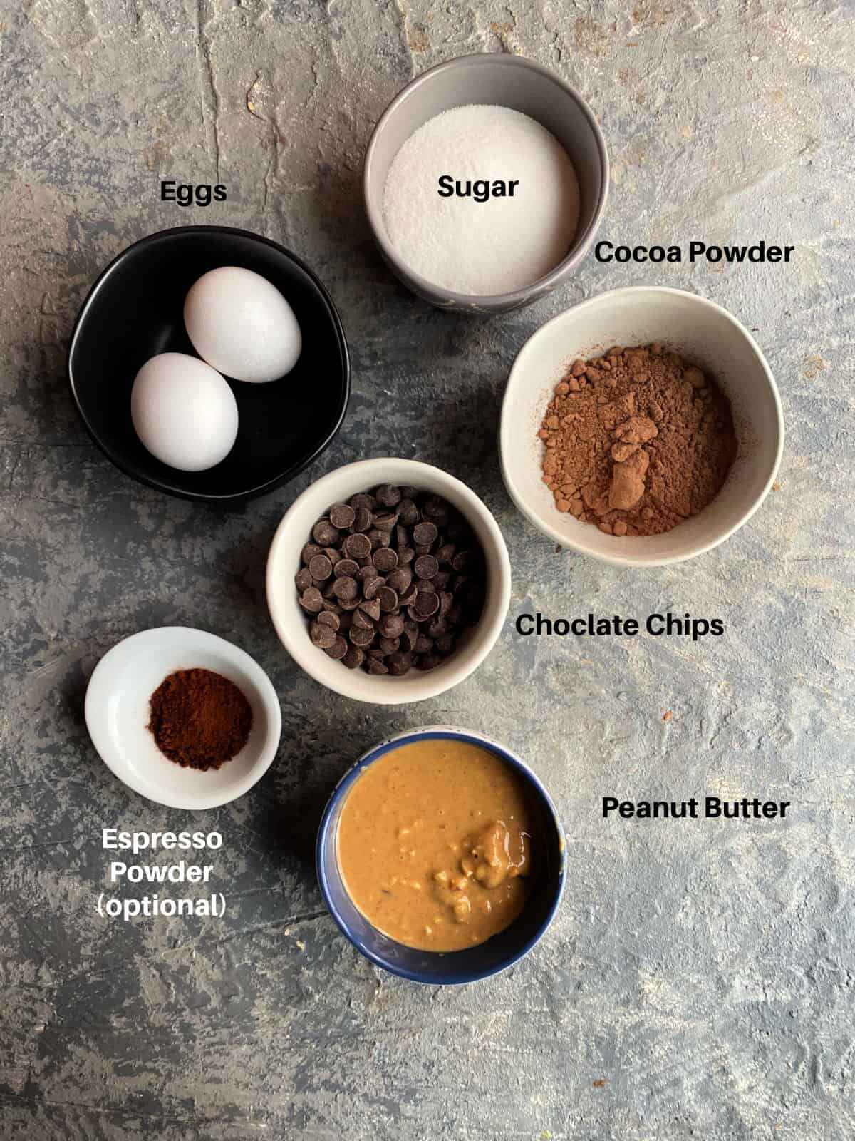 Overhead view of the ingredients to make brownie cookies