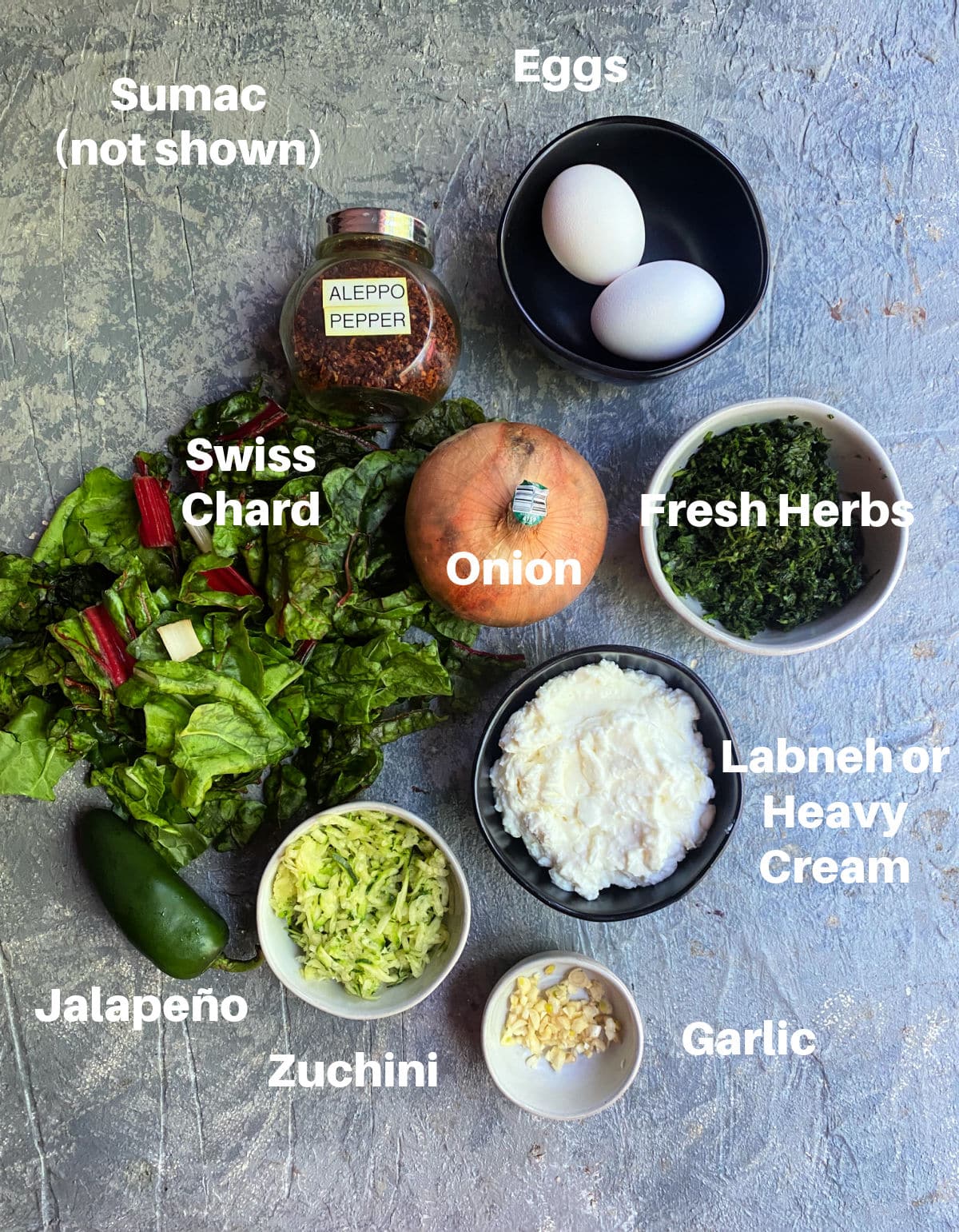 Green shakshuka ingredients labeled
