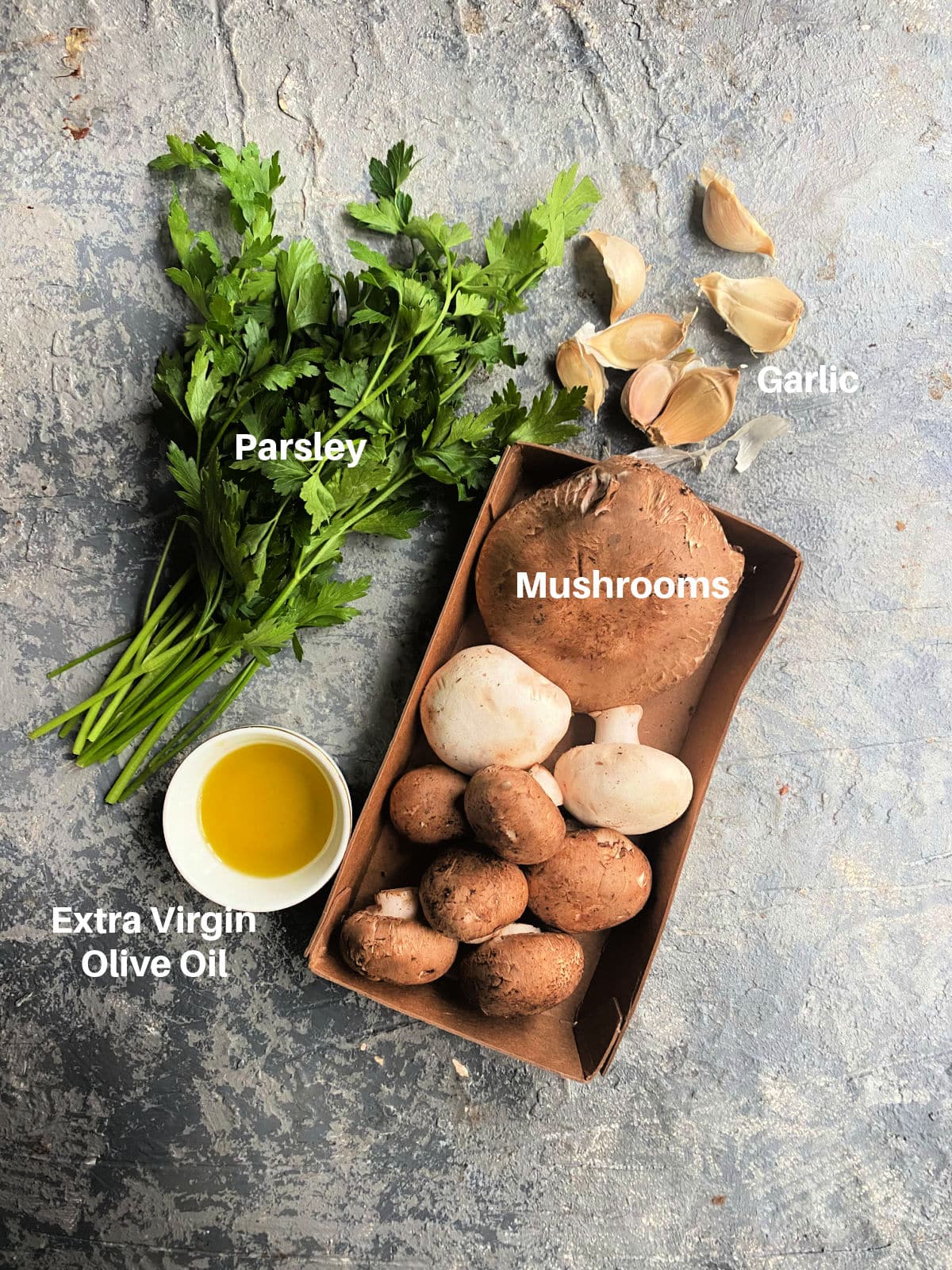 Ingredients to make sauteed mushrooms labeled
