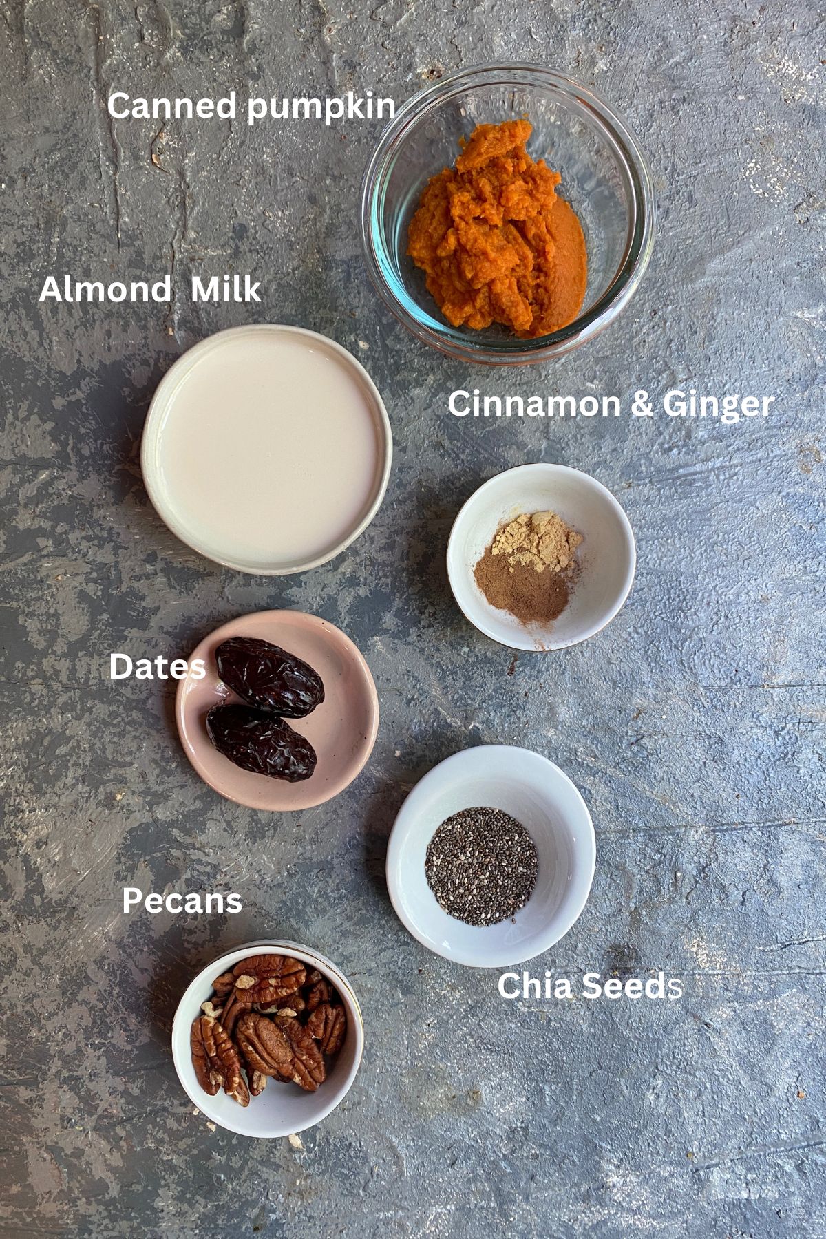 Ingredients for Pumpkin Chia seed Pudding labeled
