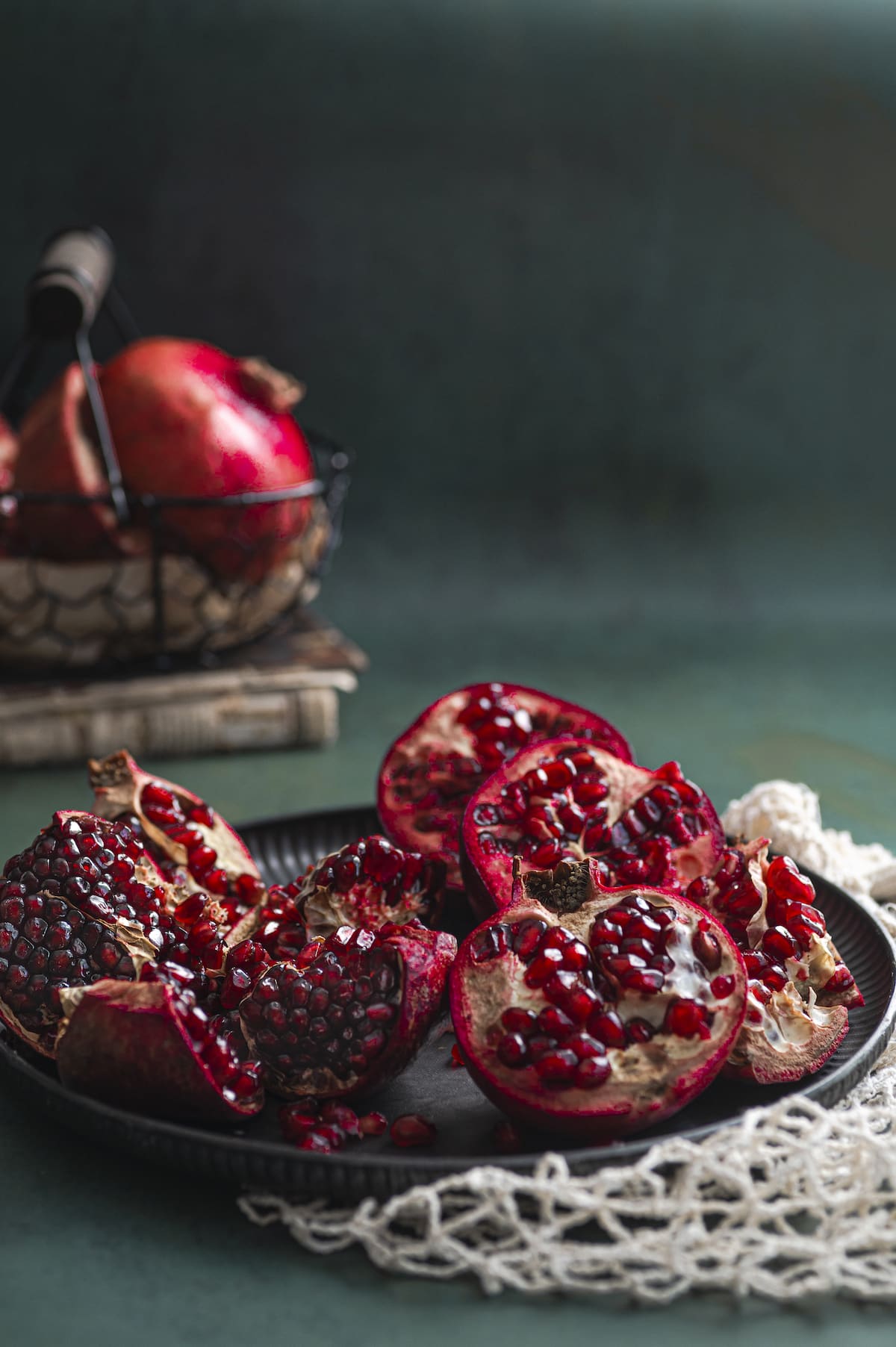 pomegranates on a metal tray
