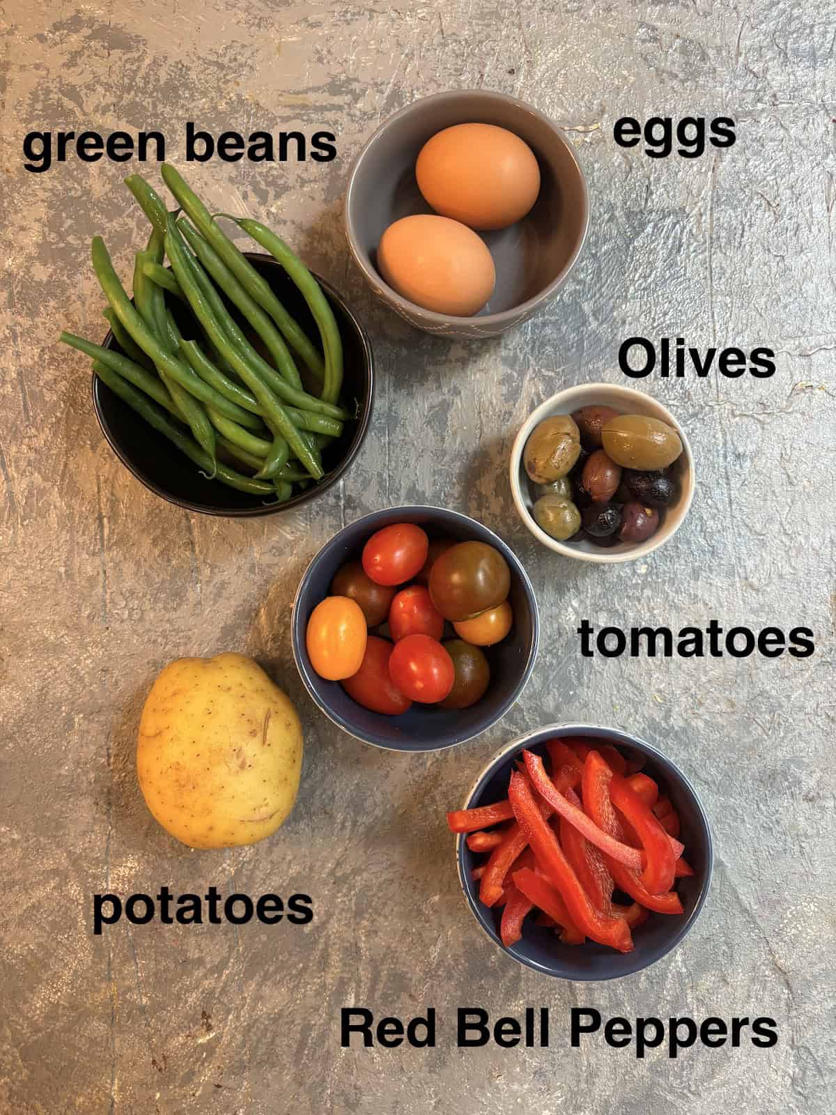 Green bean salad ingredients, labeled